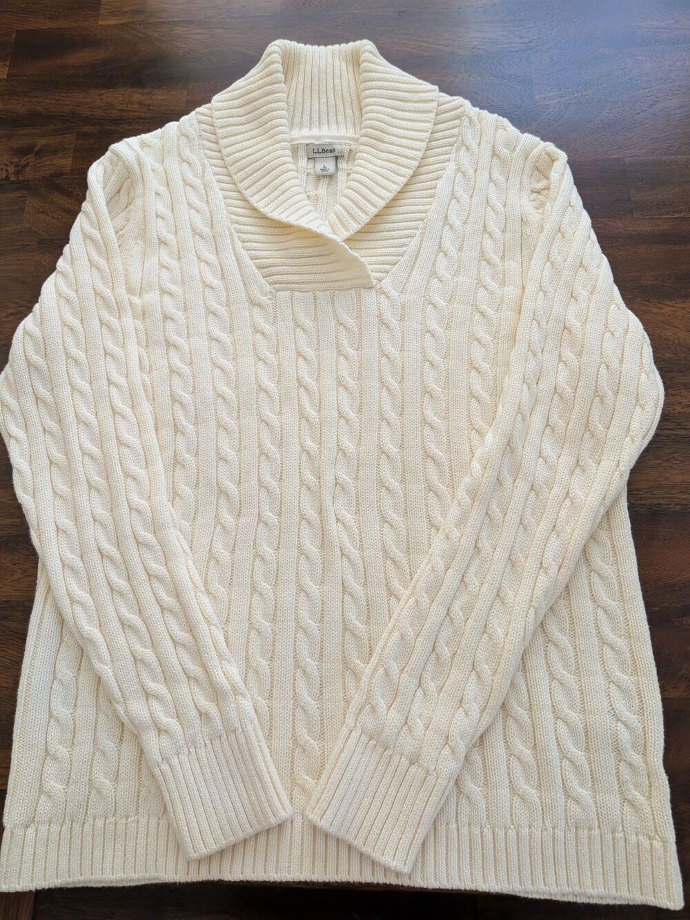 L.L.Bean Women L Cream Cable Knit Sweater 100% Cotton Fisherman Cozy